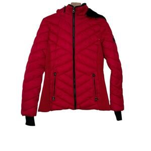 Nautica Woman's Size Small Red Hooded Faux Fur Trim Full Zip Puffer Jacket